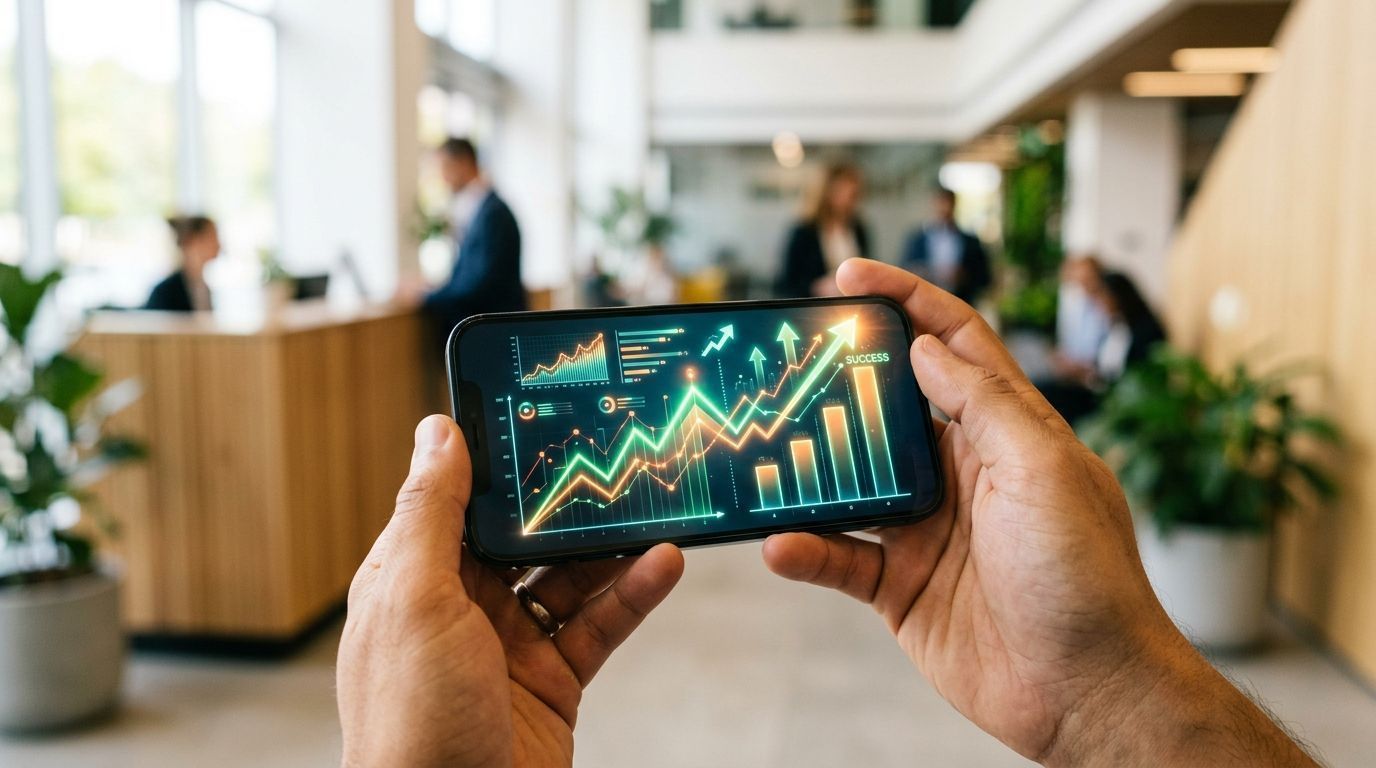 Gráfico de crescimento de métricas em tela de celular