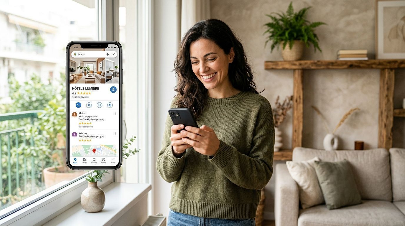 Cliente satisfeito avaliando serviço no celular