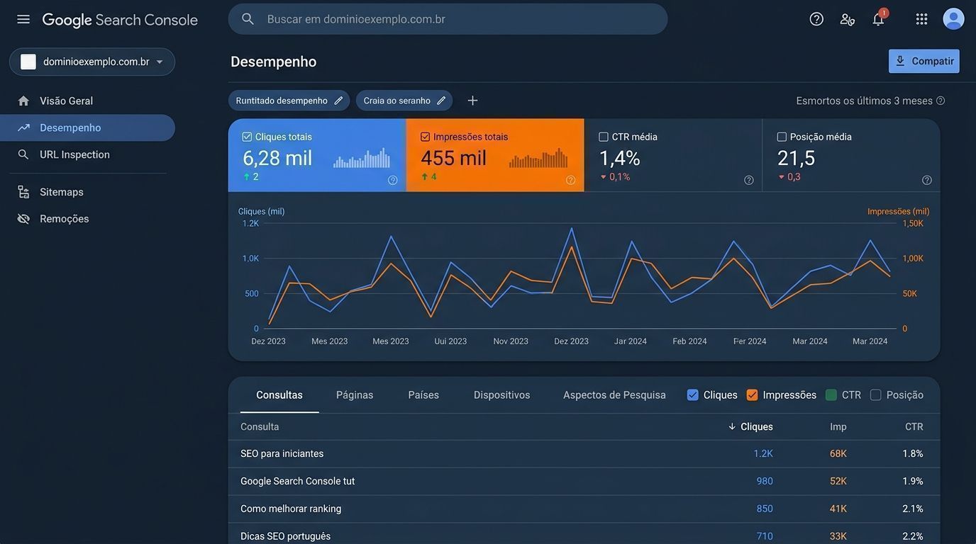 Painel do Google Search Console mostrando relatórios de desempenho