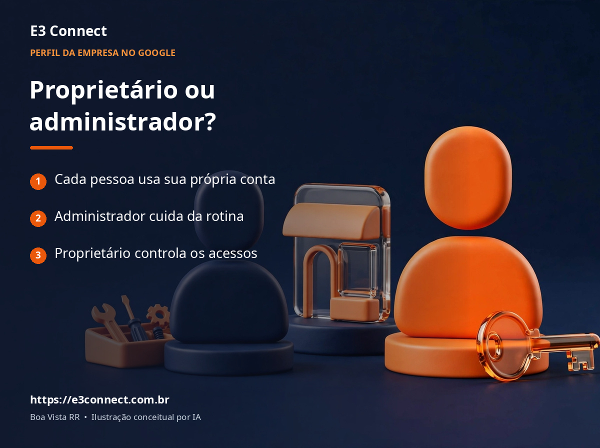Dois símbolos de contas independentes, chave de proprietário e ferramentas de administração ilustram a diferença entre controle de acessos e tarefas de rotina.