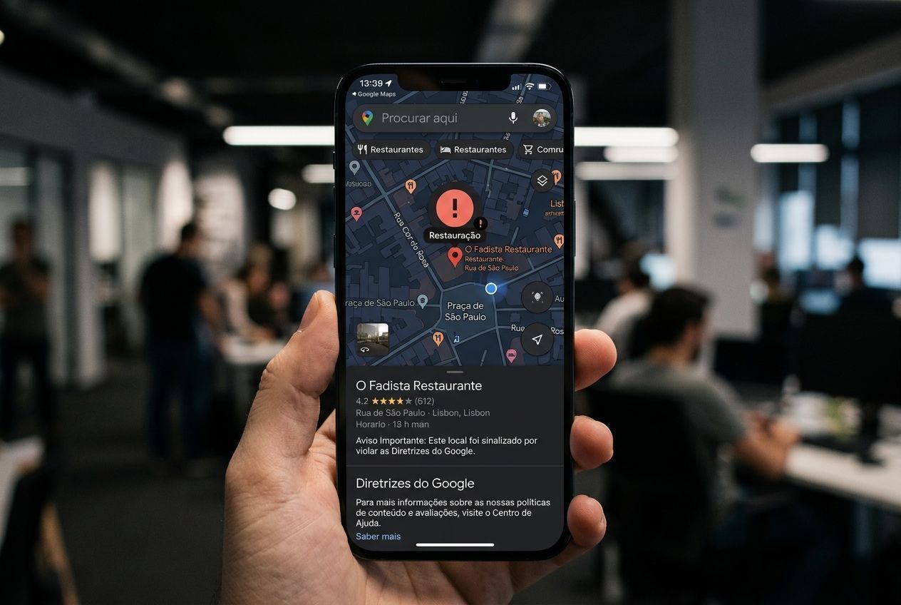 Celular com aviso do Google Maps exibindo as Diretrizes do Google em português