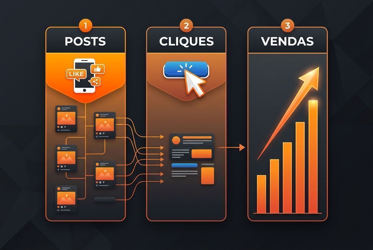 Infográfico de funil mostrando a conversão de posts, cliques e vendas para negócios locais