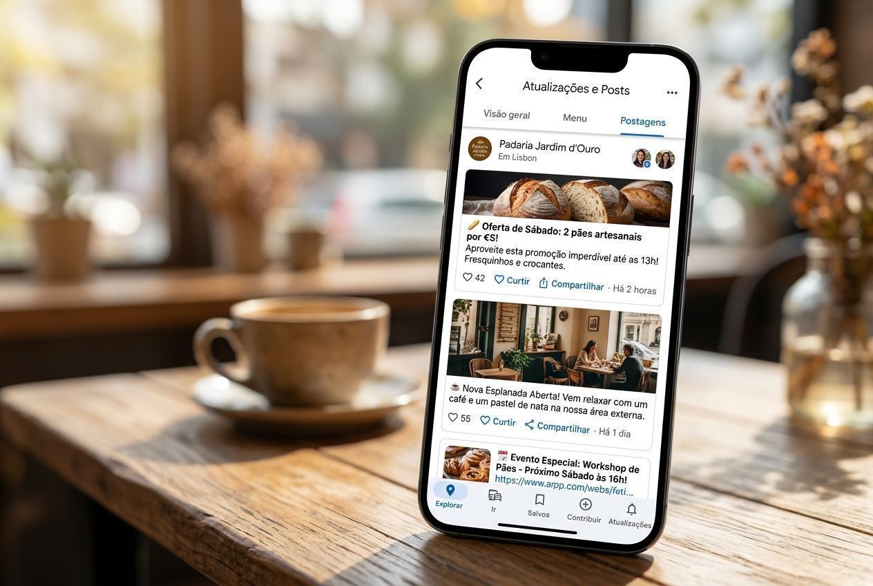 Smartphone mostrando a seção de atualizações e posts em português do Google Maps